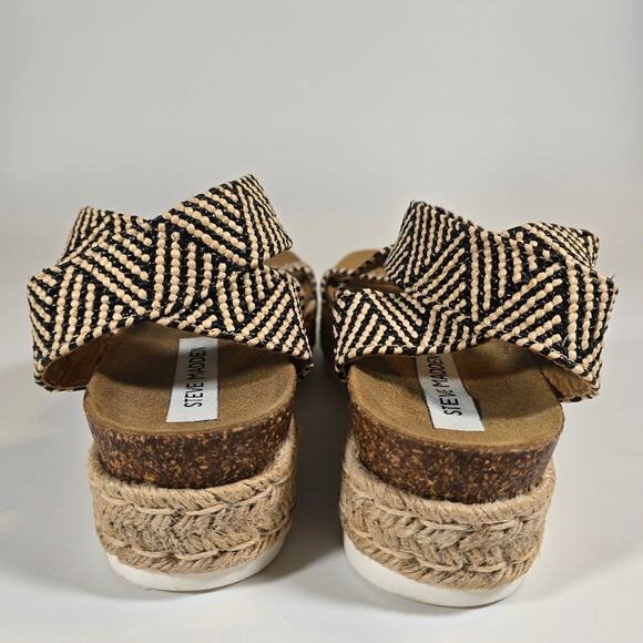 L Steve Madden Kimmie Flatform Espadrille Sandals Black Tan Womens Size 9 Jute - Picture 7 of 10
